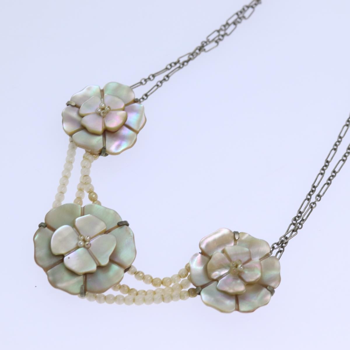 Chanel Camellia CC Long Necklace Metal with Faux Pearls, SILVER, METAL, Necklace