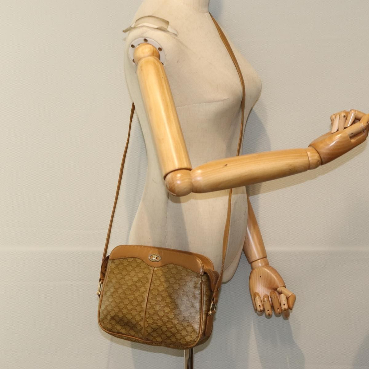 Celine Vintage Macadam Shoulder Bag Canvas and Leather, Beige, Canvas, Shoulder Bag