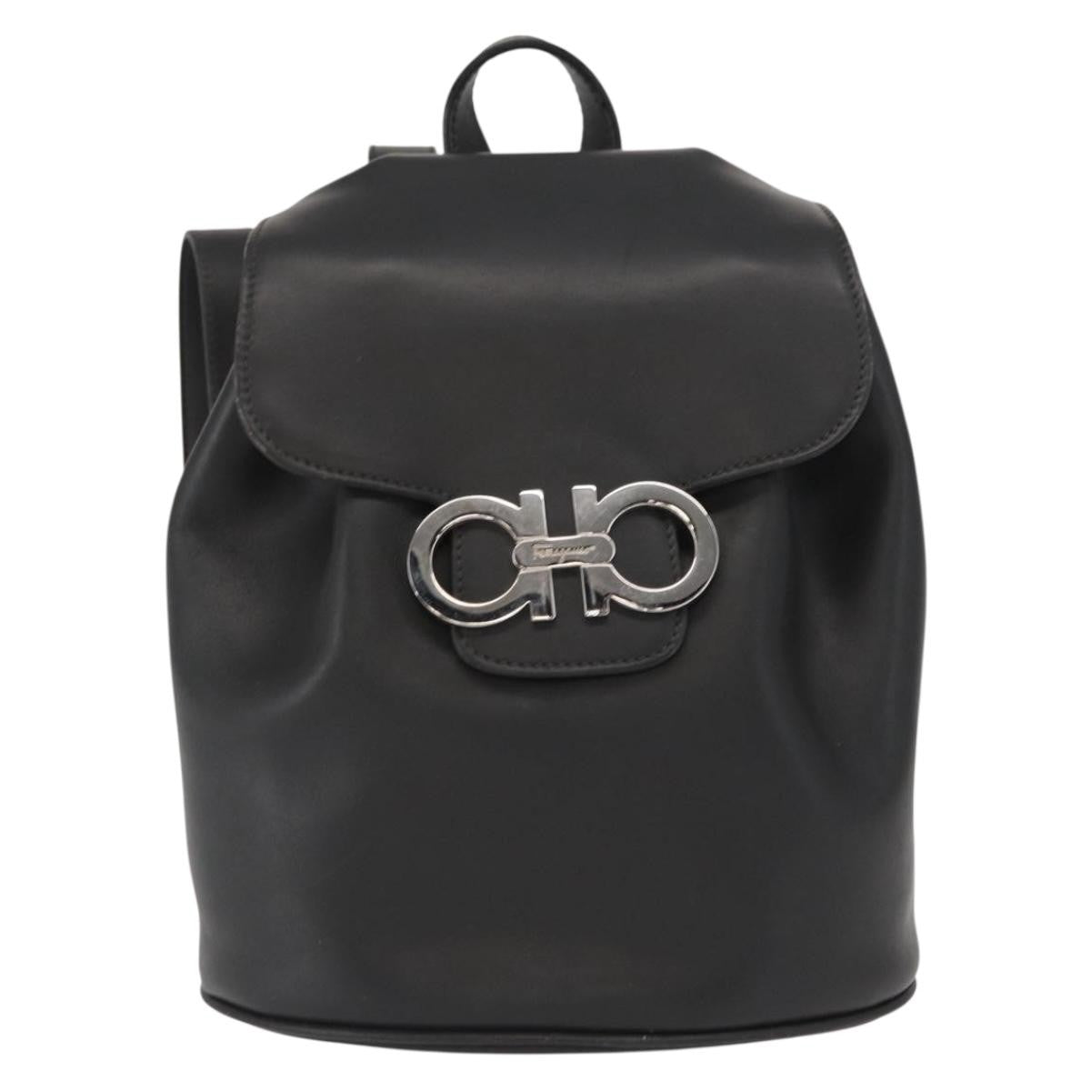 Salvatore Ferragamo Gancini Flap Drawstring Backpack Leather, BLACK, LEATHER, Backpack