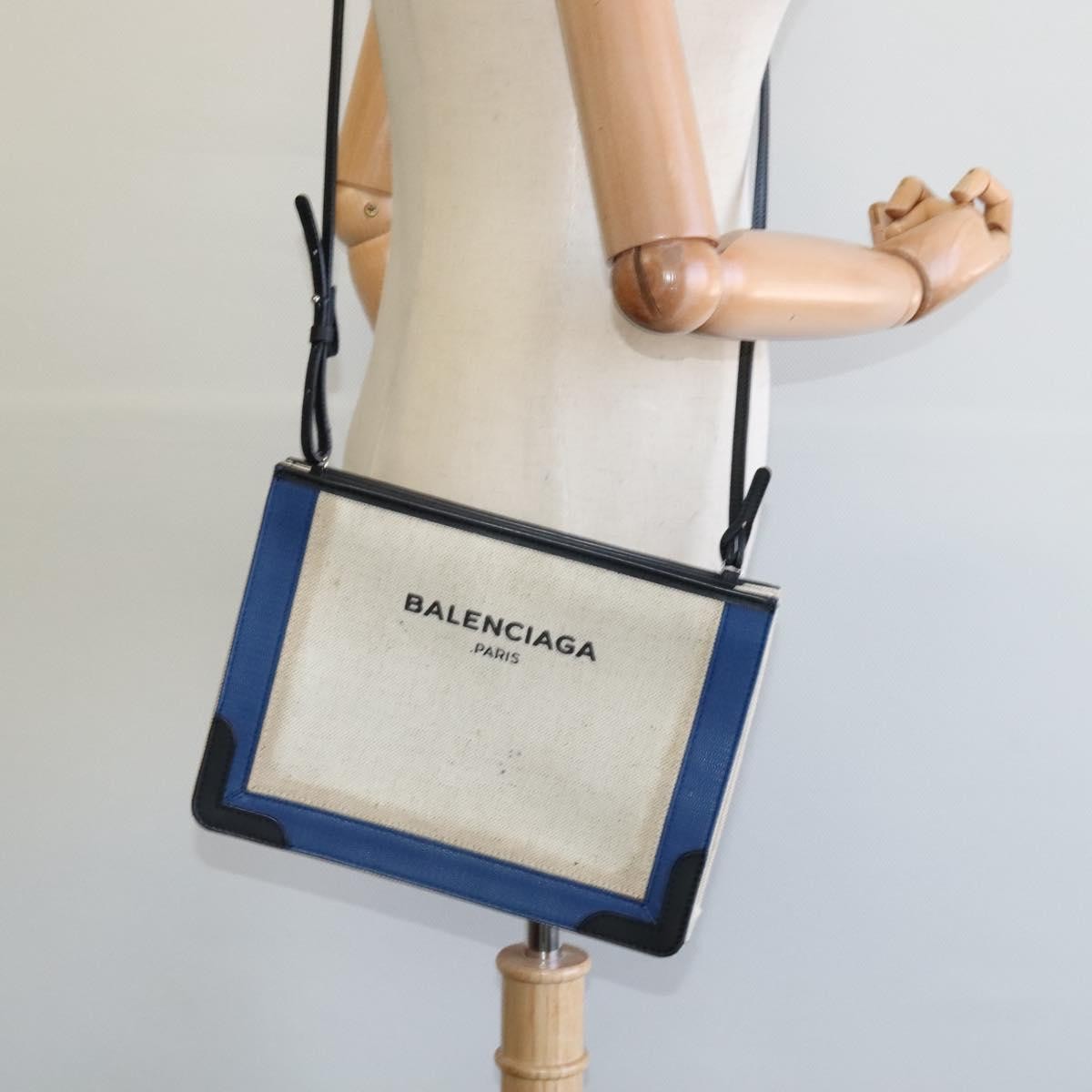 Balenciaga Navy Pochette Canvas and Leather, BEIGE, CANVAS, Shoulder bag
