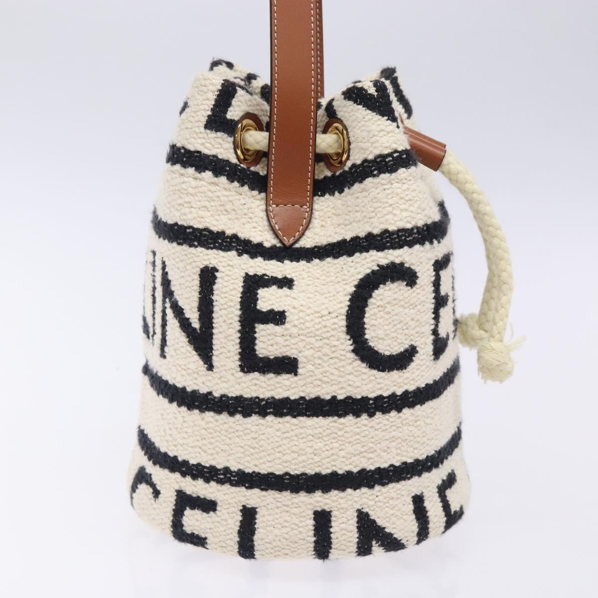 Celine Teen Drawstring Plein Soleil Bucket Bag Canvas with Leather, WHITE, CANVAS, Crossbody bag