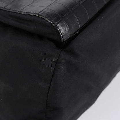Prada Cinch Buckle Flap Backpack Tessuto with Crocodile Embossed Leather, BLACK, NYLON, Backpack