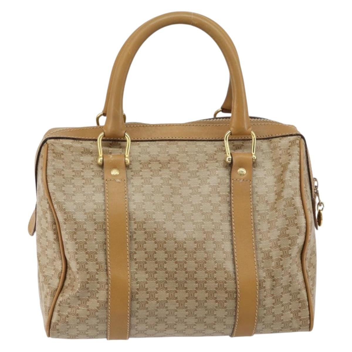 Celine Vintage Macadam Handbag Canvas and Leather, BEIGE, CANVAS, Handbag