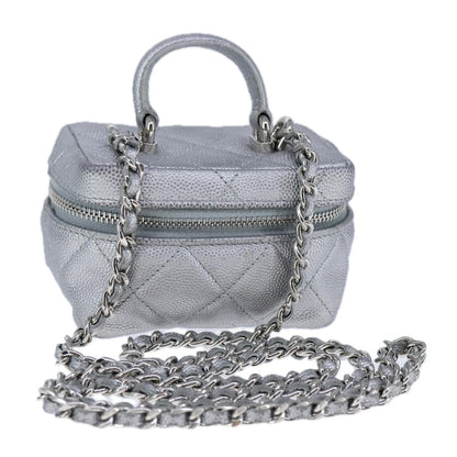Chanel Classic Vanity Case with Chain Quilted Caviar, Silver, Leather, Shoulder Bag