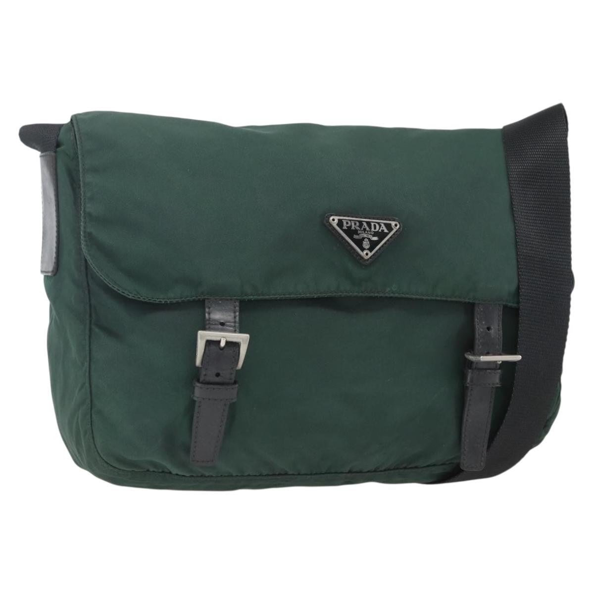 Prada Double Buckle Flap Messenger Bag Tessuto, GREEN, NYLON, Shoulder bag