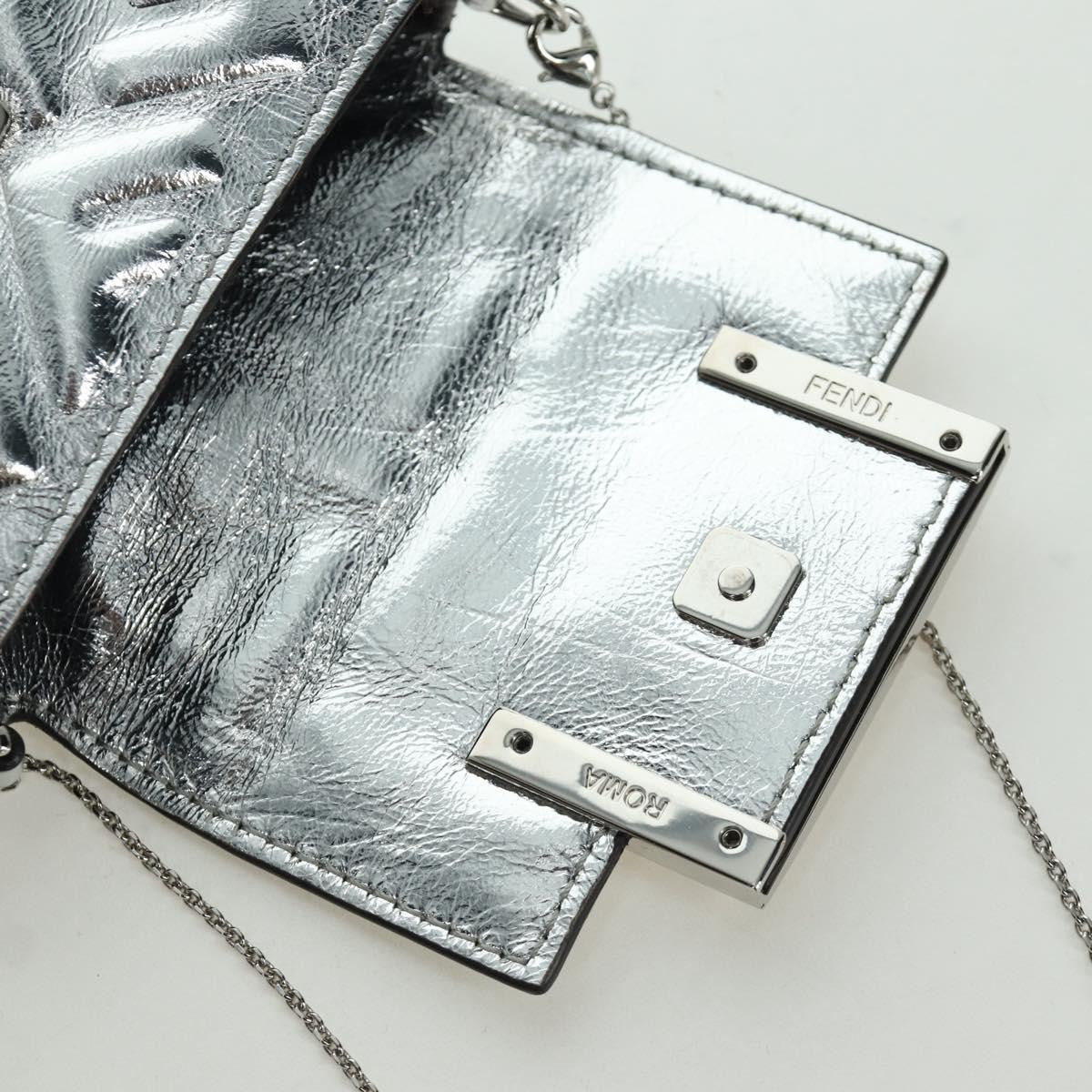 Fendi Chain Baguette Charm Bag Zucca Embossed Leather, Silver, Canvas, Clutch