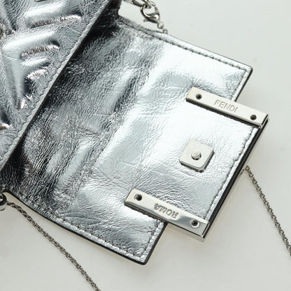Fendi Chain Baguette Charm Bag Zucca Embossed Leather, Silver, Canvas, Clutch