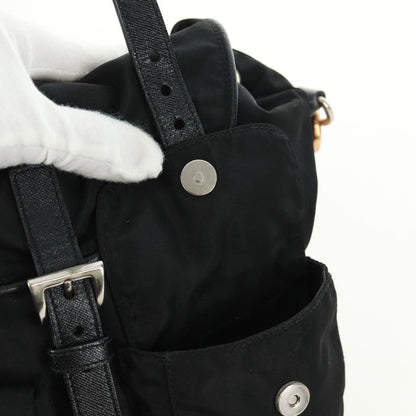 Prada Double Pocket Drawstring Shoulder Bag Tessuto, Black, Nylon, Shoulder Bag