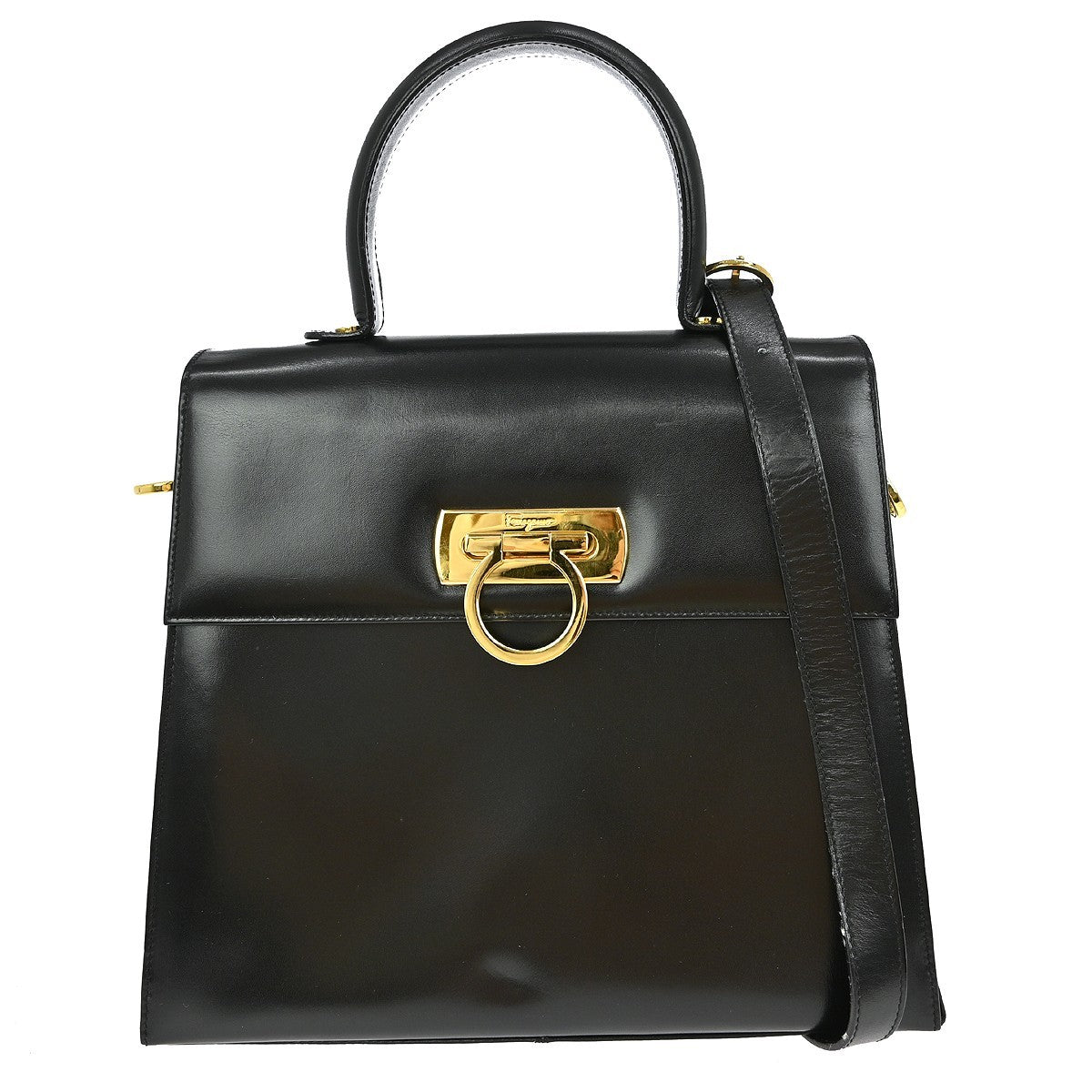 Salvatore Ferragamo Gancini Convertible Top Handle Bag Leather, BLACK, LEATHER, Handbag