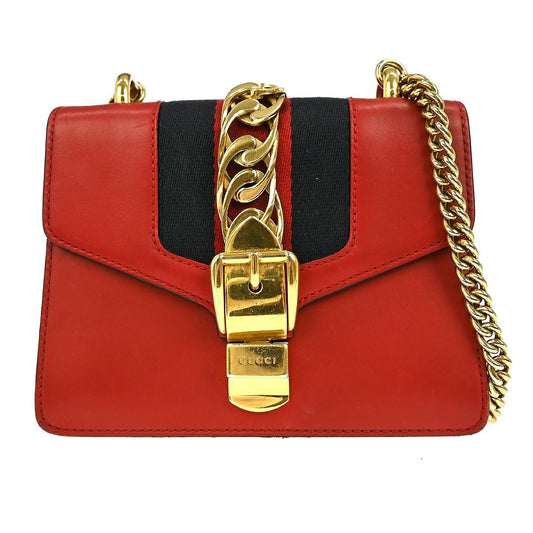 Gucci Sylvie Shoulder Bag Leather, RED, LEATHER, Shoulder bag