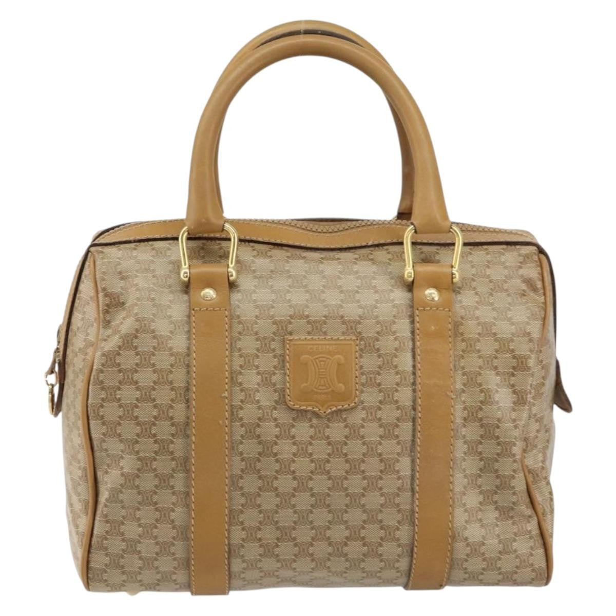 Celine Vintage Macadam Handbag Canvas and Leather, BEIGE, CANVAS, Handbag