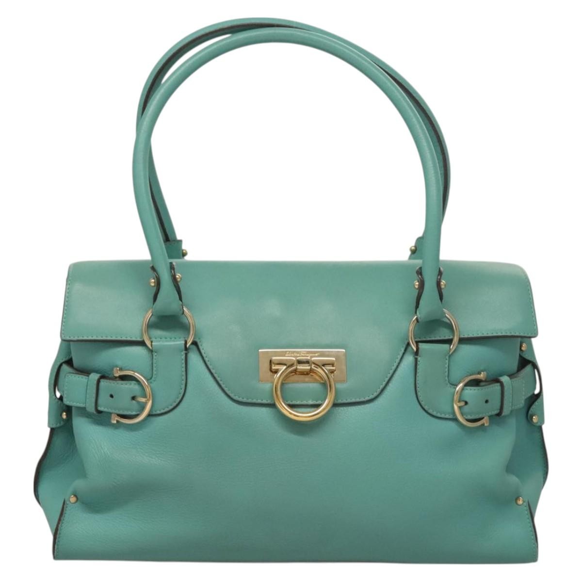 Salvatore Ferragamo Virna Satchel Leather, TURQUOISE, LEATHER, Handbag