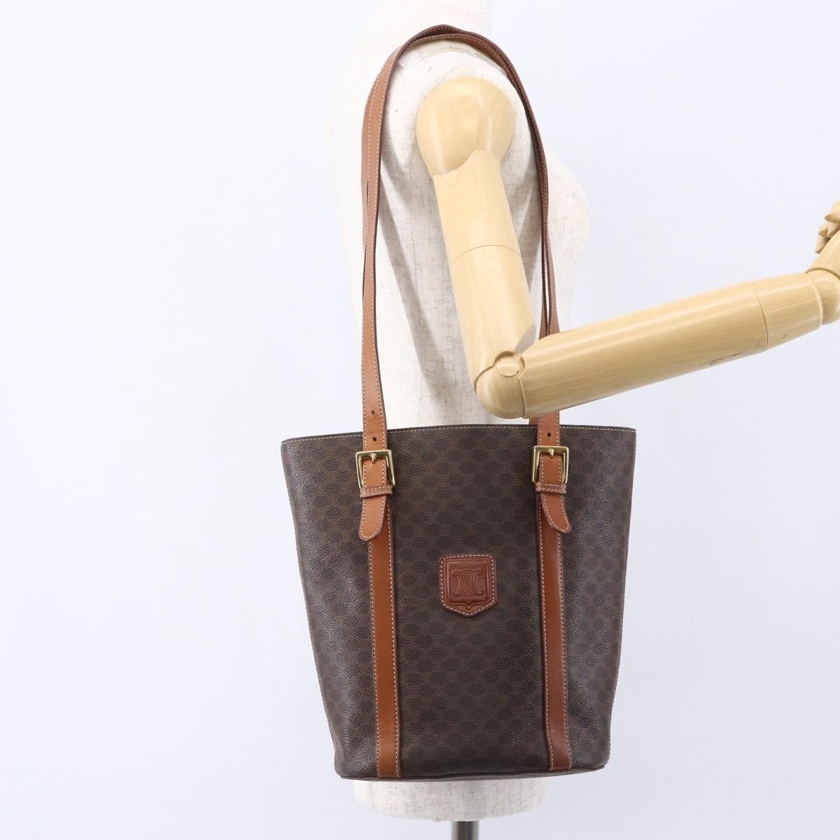 Celine Vintage Macadam Tote bag Canvas and Leather, BROWN, PVC, Tote bag