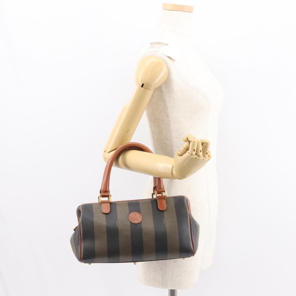 Fendi Vintage Pequin Convertible Boston Bag Coated Canvas, BROWN, CANVAS, Handbag