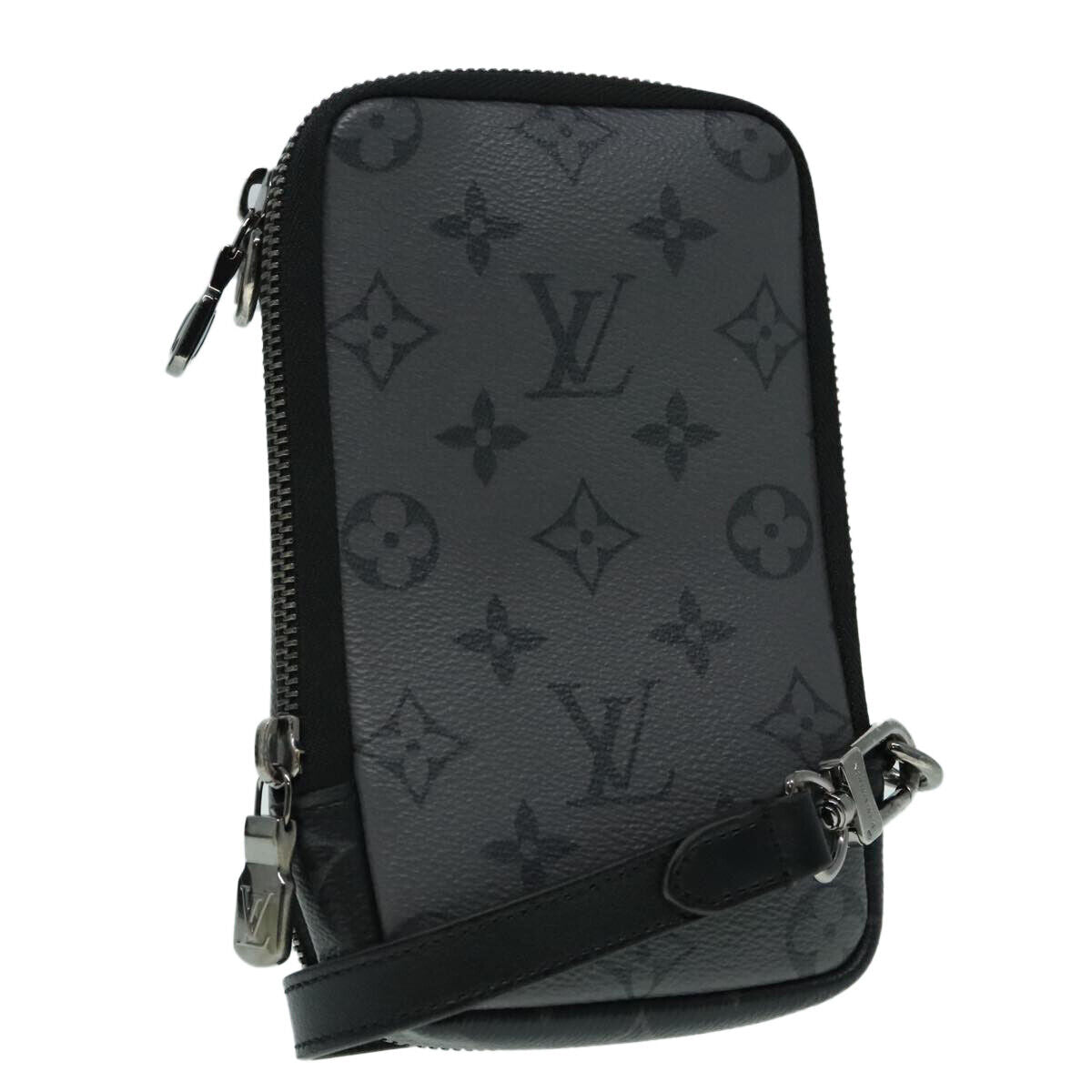Louis Vuitton Double Phone Pouch Reverse Monogram Eclipse Canvas, GRAY, CANVAS, Tech accessory