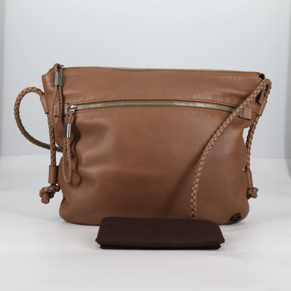 Gucci Braided Strap Zip Messenger Leather, BROWN, LEATHER, Shoulder bag