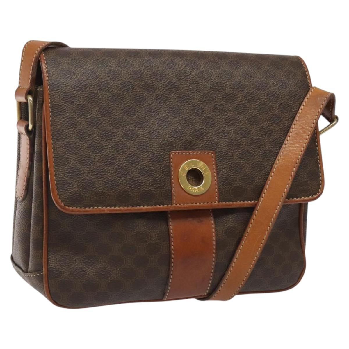 Celine Vintage Macadam Circle Logo Shoulder Bag Canvas and Leather, Brown, Canvas, Shoulder Bag