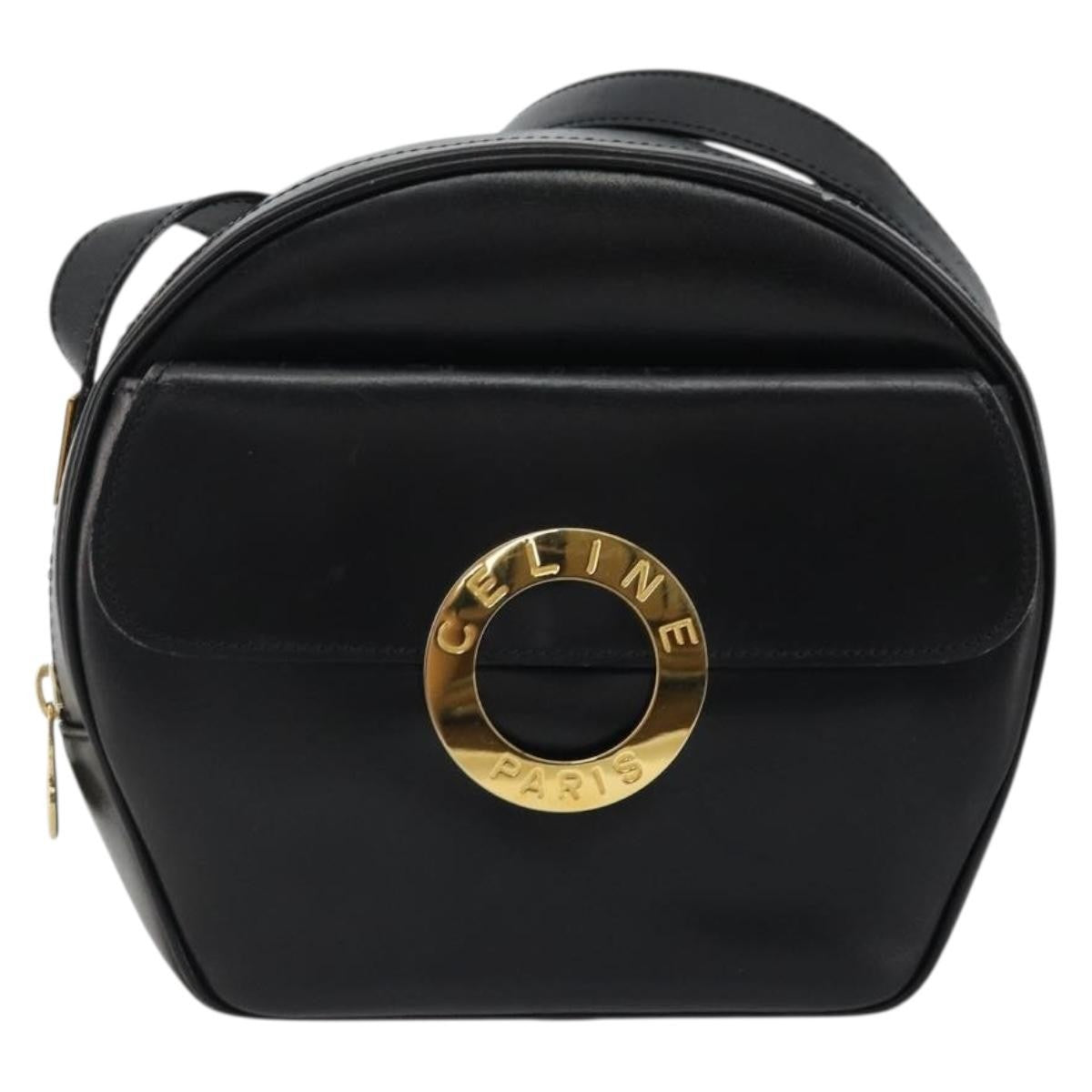 Celine Circle Logo Shoulder Bag Leather, Black, Leather, Shoulder Bag
