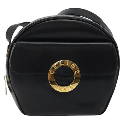 Celine Circle Logo Shoulder Bag Leather, Black, Leather, Shoulder Bag