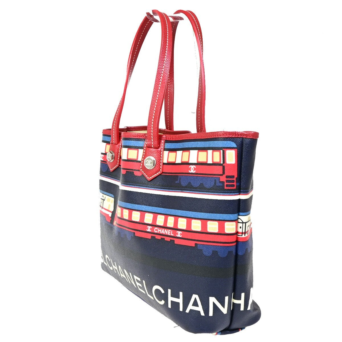 Chanel Le Train Tote Printed Coated Canvas, NAVY, CANVAS, Tote bag