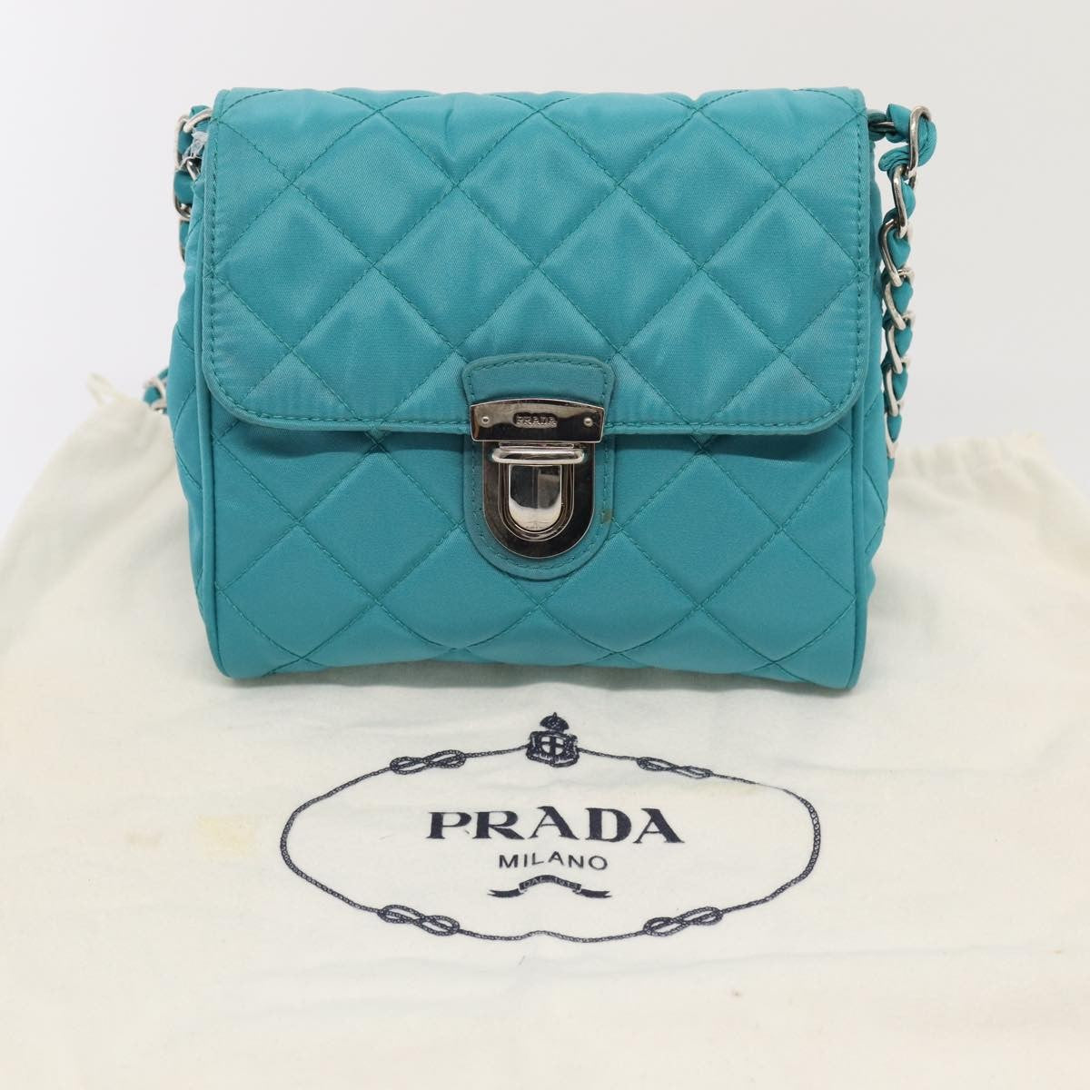 Prada Pushlock Chain Flap Bag Quilted Tessuto, Turquoise, Nylon, Shoulder Bag