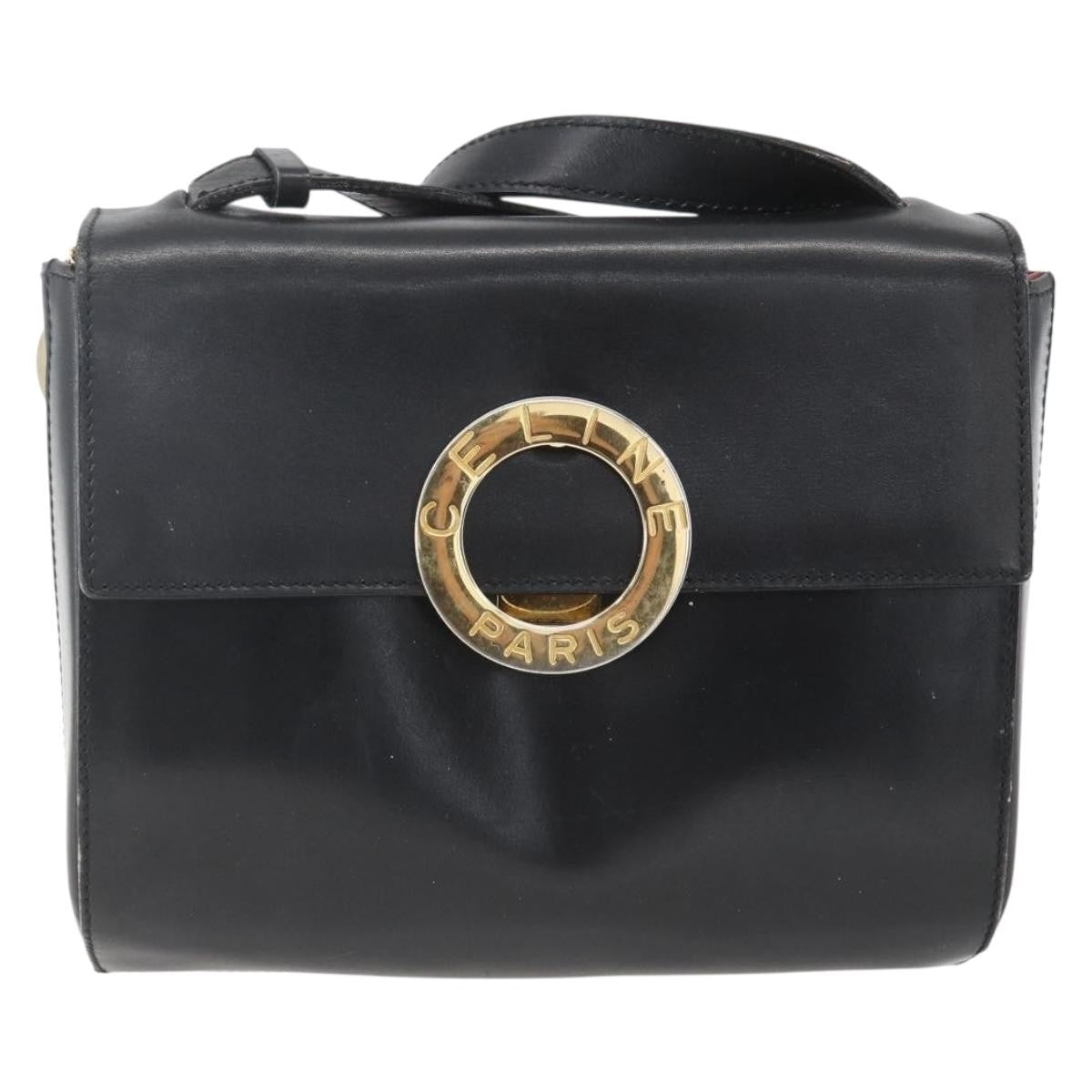 Celine Vintage Circle Logo Crossbody Bag Leather, BLACK, LEATHER, Shoulder bag