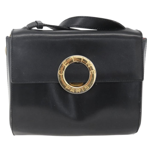Celine Vintage Circle Logo Crossbody Bag Leather, BLACK, LEATHER, Shoulder bag