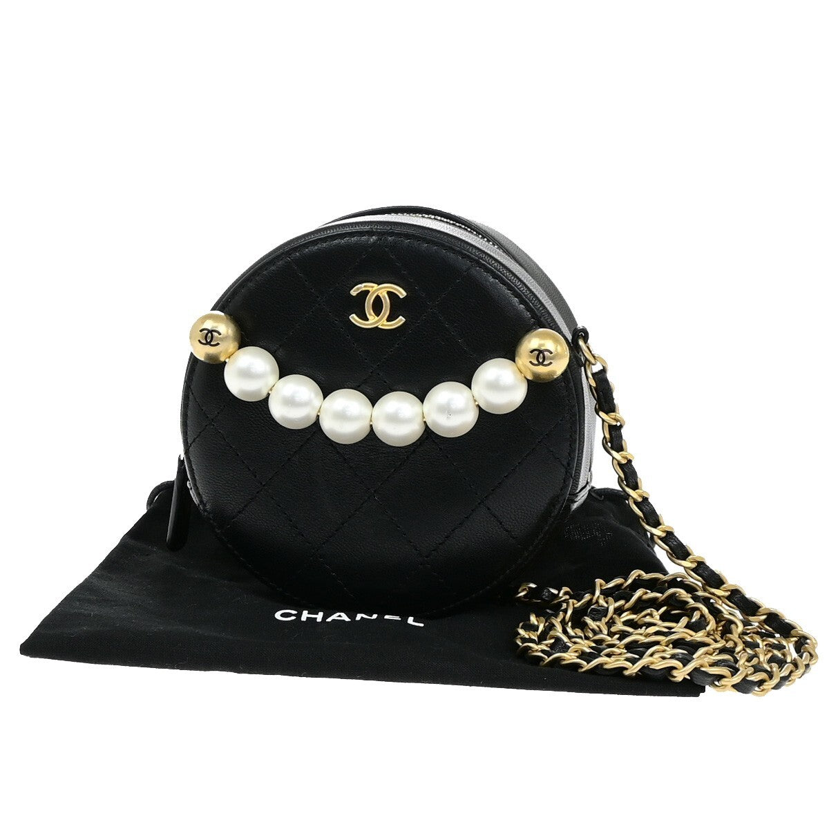 Chanel Chic Pearls Round Clutch with Chain Quilted Lambskin, BLACK, LEATHER, Shoulder bag