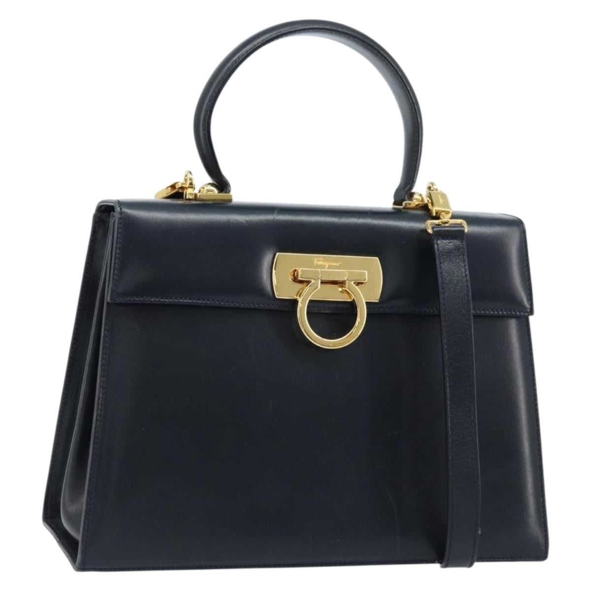 Salvatore Ferragamo Convertible Top Handle Bag Leather, NAVY, LEATHER, Handbag