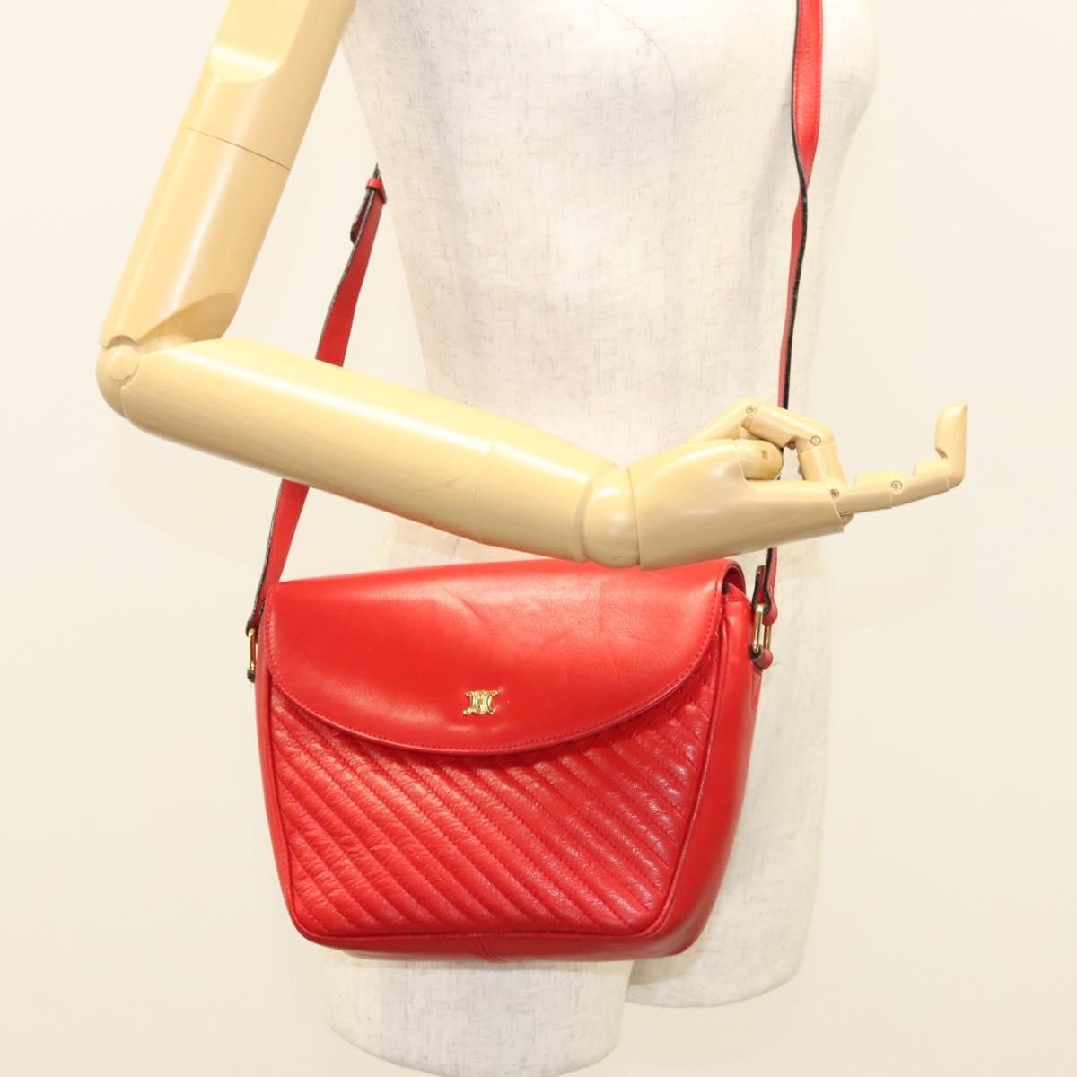 Celine Vintage Triomphe Shoulder Bag Leather, RED, LEATHER, Shoulder bag