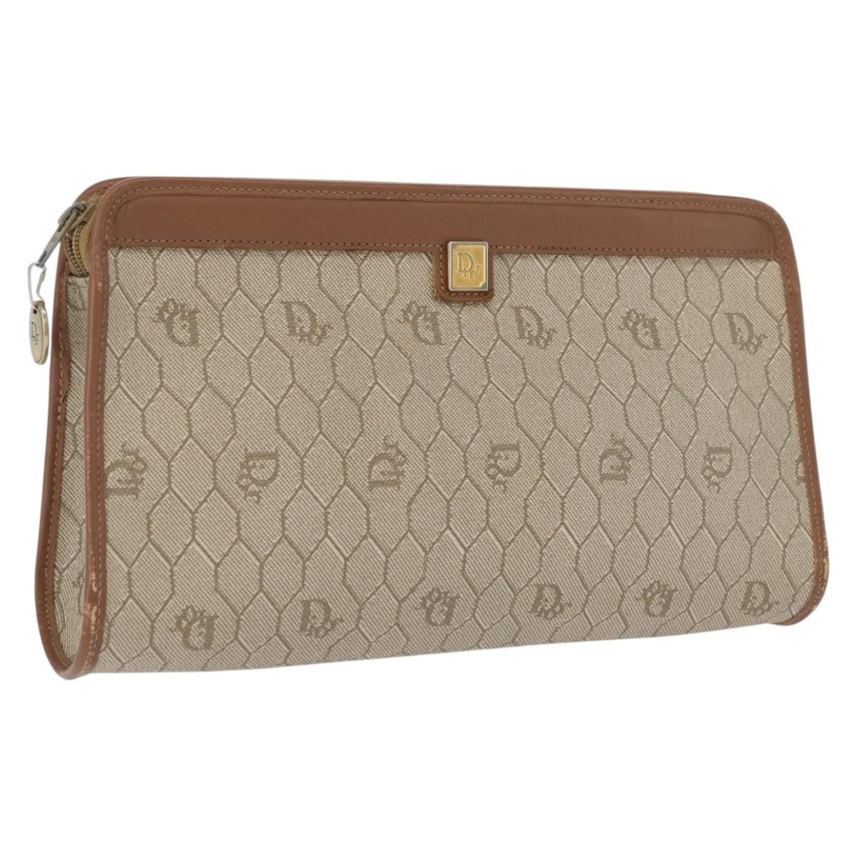 Christian Dior Vintage Honeycomb Zip Pouch Canvas and Leather, BEIGE, CANVAS, Clutche & pouche