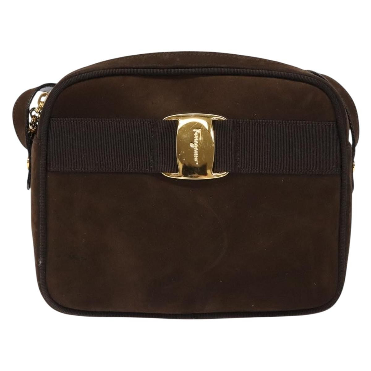 Salvatore Ferragamo Vala Shoulder Bag Suede, BROWN, SUEDE, Shoulder bag