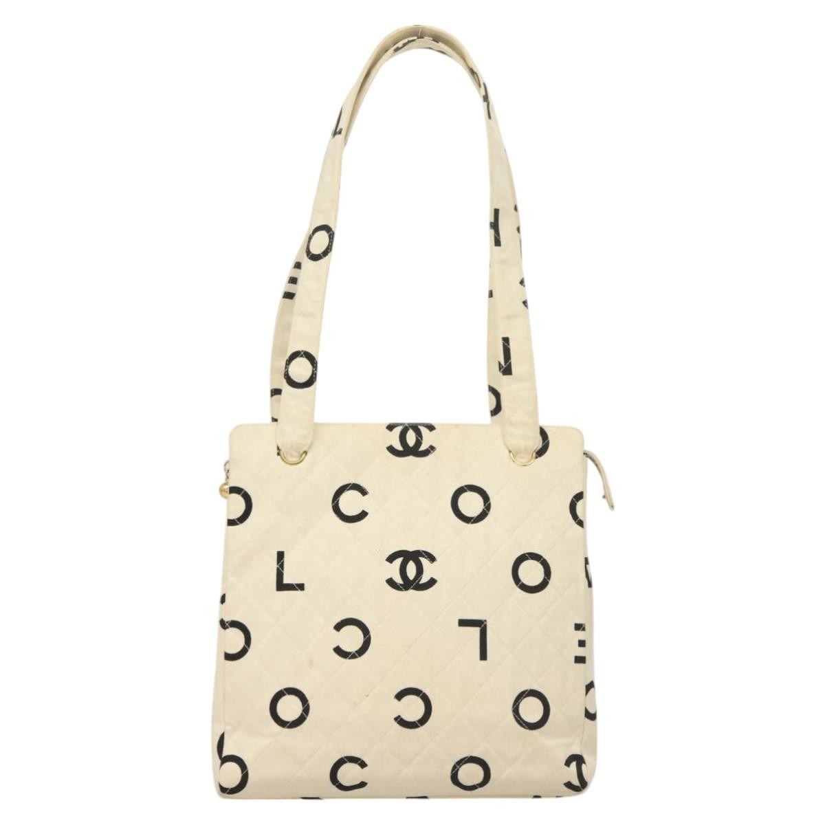 Chanel Vintage Coco Logo Zip Tote Quilted Printed Canvas, WHITE, CANVAS, Tote bag