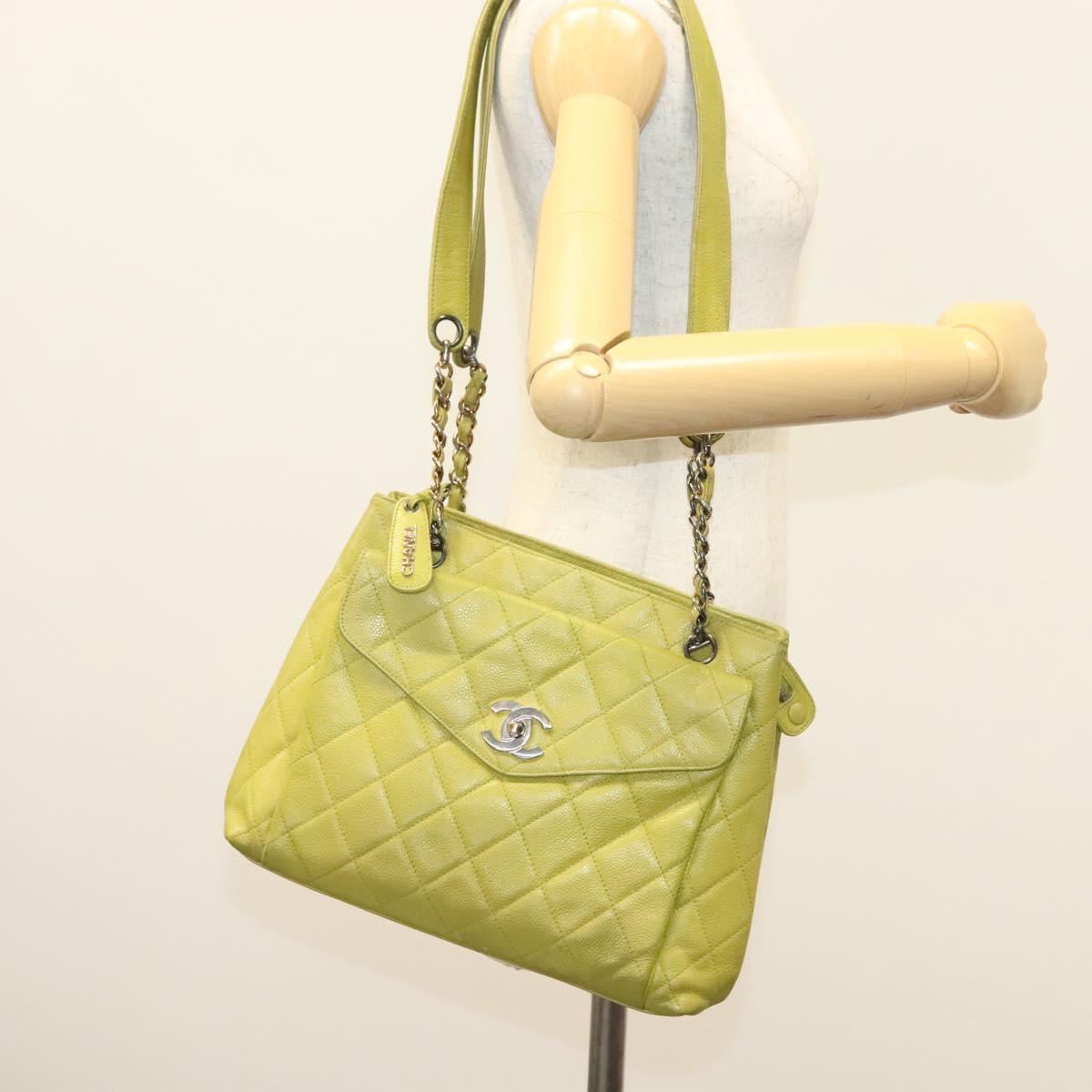 Chanel Vintage Front Pocket Shoulder Bag Quilted Caviar, GREEN, LEATHER, Shoulder bag
