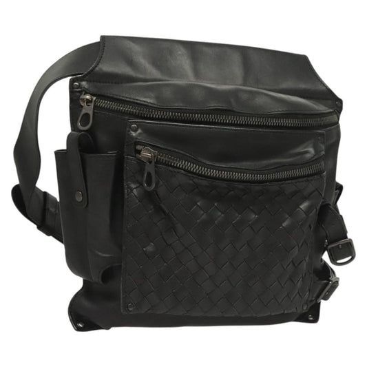 Bottega Veneta Utility Waist Bag Leather with Intrecciato, BLACK, LEATHER, Travel bag