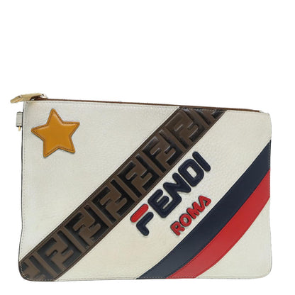 Fendi Mania Logo Zip Pouch Inlaid Leather, BEIGE, LEATHER, Clutche & pouche