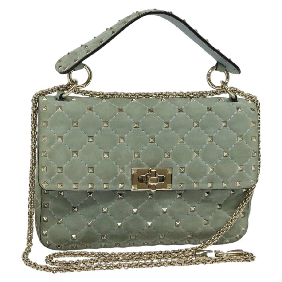 Valentino Garavani Rockstud Spike Flap Bag Quilted Suede, BLUE, SUEDE, Shoulder bag