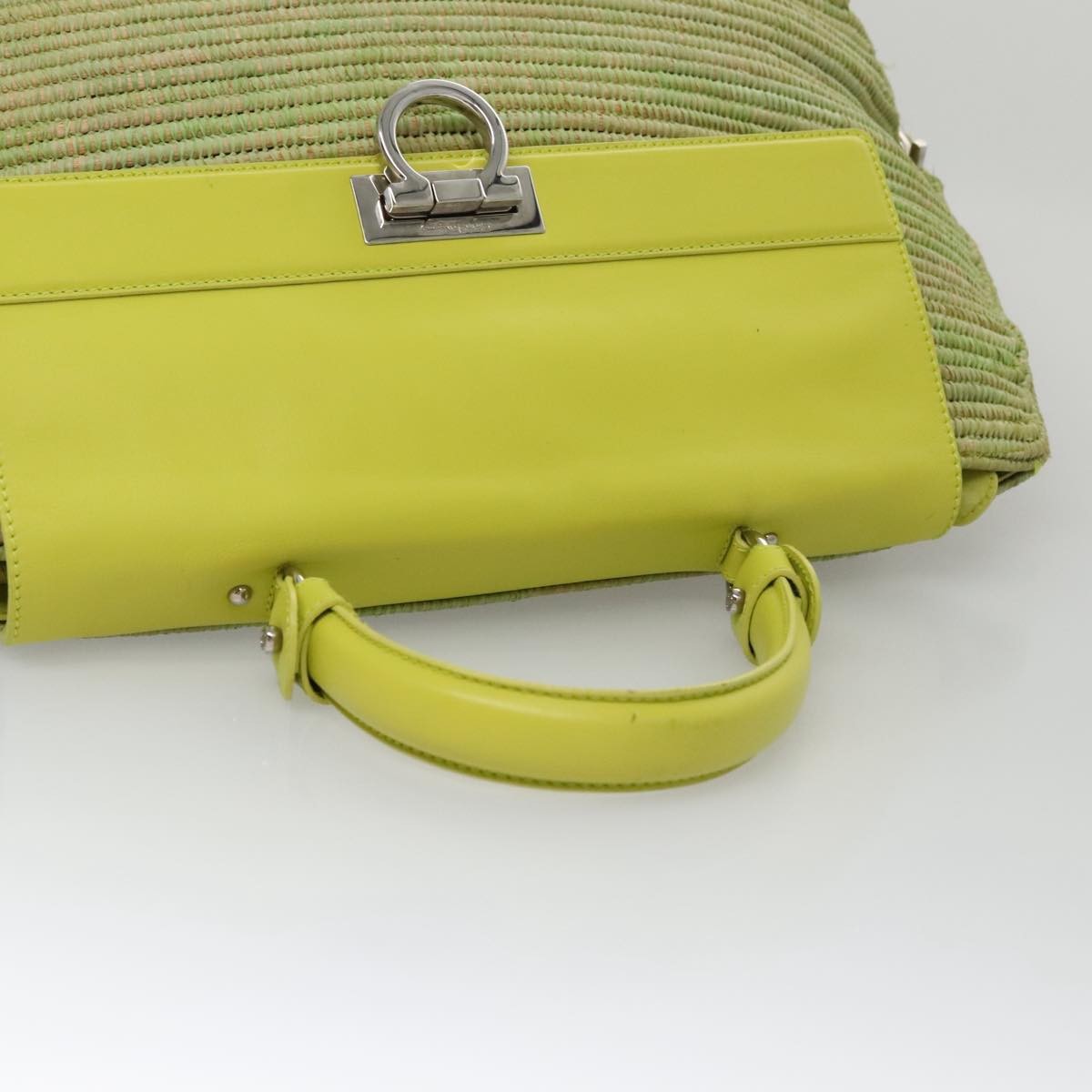 Salvatore Ferragamo Sofia Satchel Raffia with Leather, GREEN, WOOD, Handbag