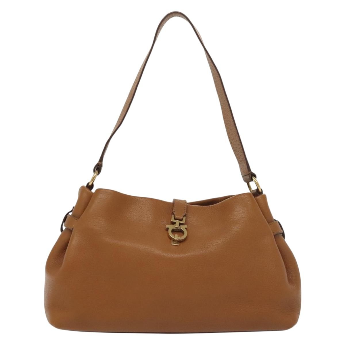 Salvatore Ferragamo Gancini Shoulder Bag Leather, BROWN, LEATHER, Handbag