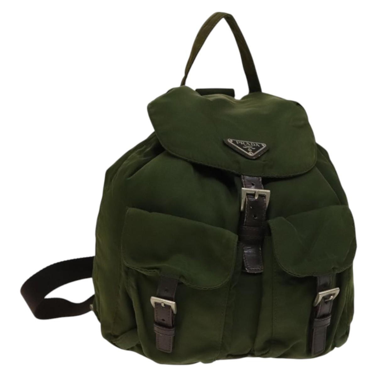Prada Vela Double Front Pocket Backpack Tessuto with Saffiano Leather, KHAKI, NYLON, Backpack