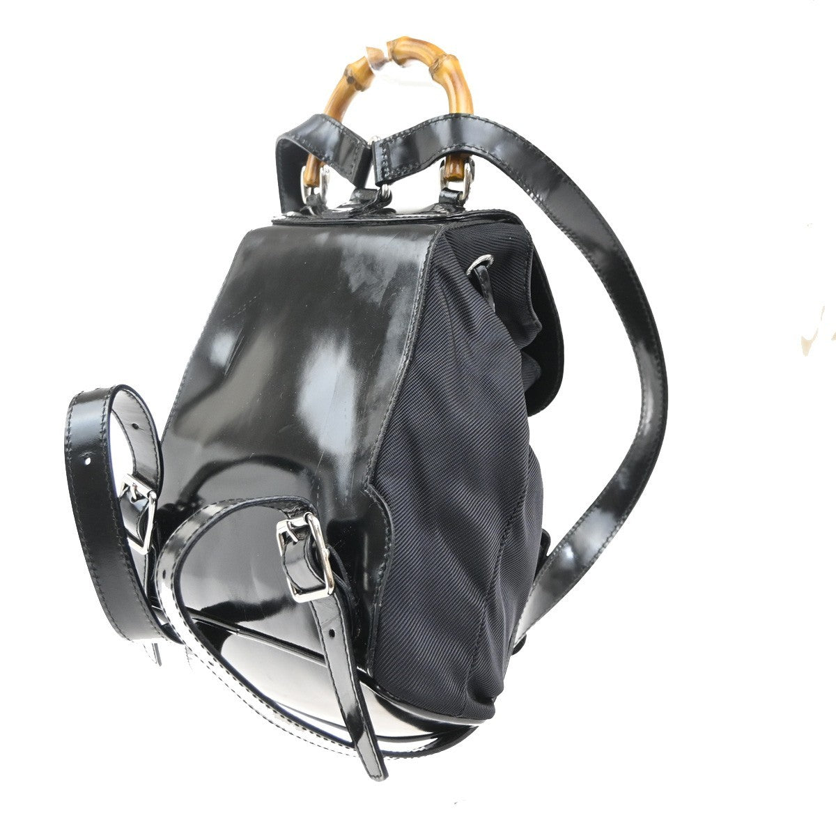 Gucci Vintage Bamboo Backpack Nylon and Patent Leather, BLACK, NYLON, Backpack