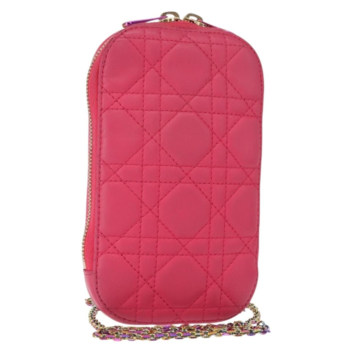 Christian Dior Lady Dior Phone Holder on Chain Cannage Quilt Lambskin, PINK, LEATHER, Clutche & pouche