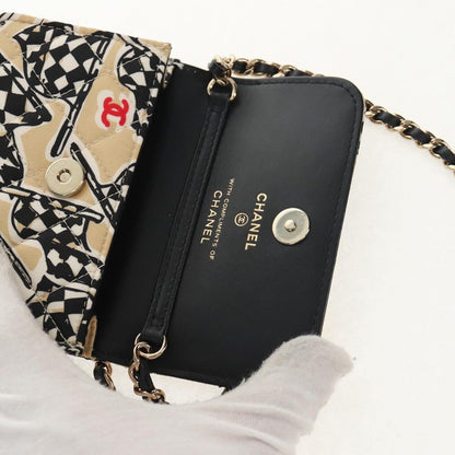 Chanel Flap Card Holder on Chain Quilted Printed Canvas, Beige, Satin, Clutch