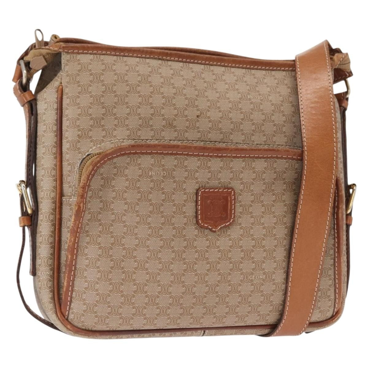 Celine Vintage Macadam Shoulder Bag Canvas and Leather, BEIGE, CANVAS, Shoulder bag