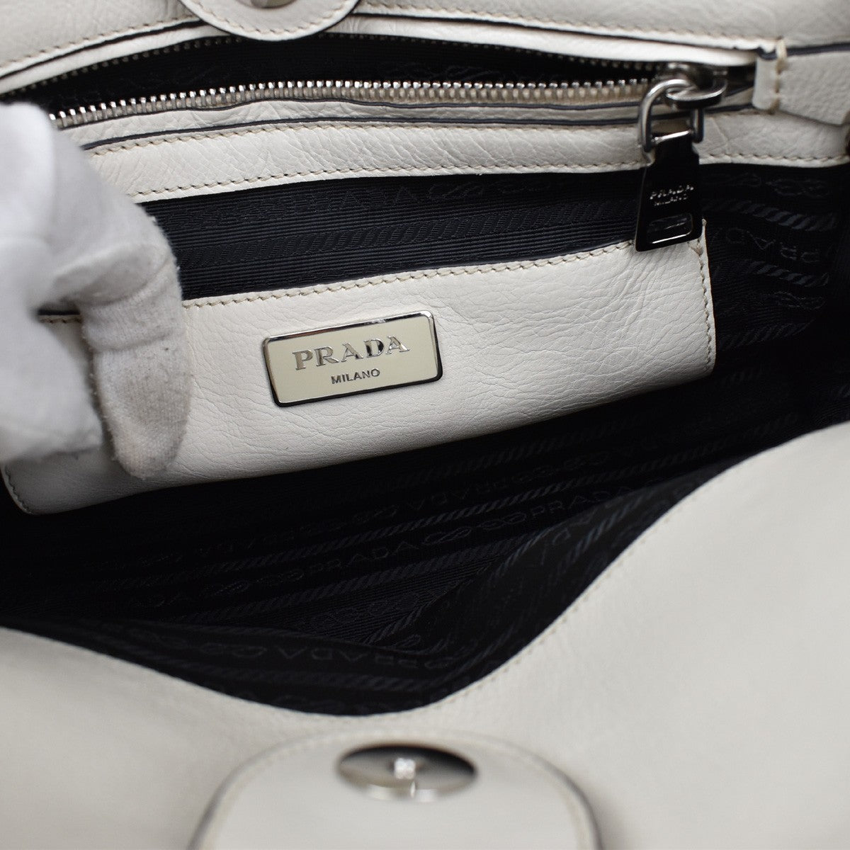 Prada Twin Pocket Shopping Tote City Calfskin, WHITE, LEATHER, Handbag