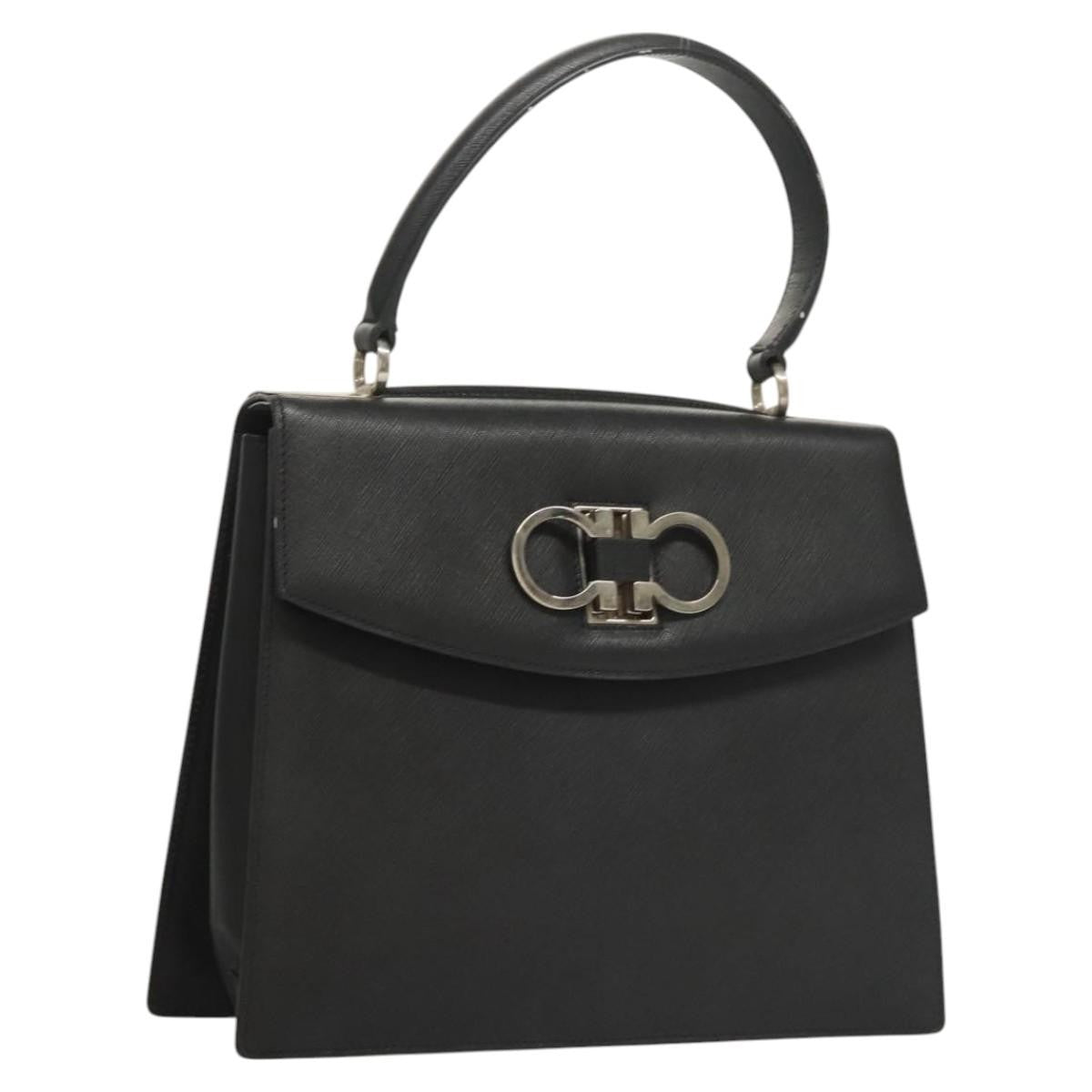 Salvatore Ferragamo Double Gancini Top Handle Bag Saffiano Leather, BLACK, LEATHER, Handbag