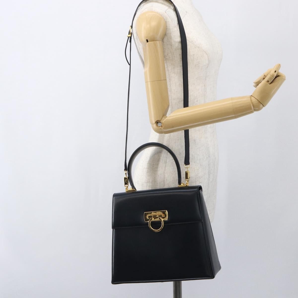 Salvatore Ferragamo Gancini Convertible Top Handle Bag Leather, NAVY, LEATHER, Handbag