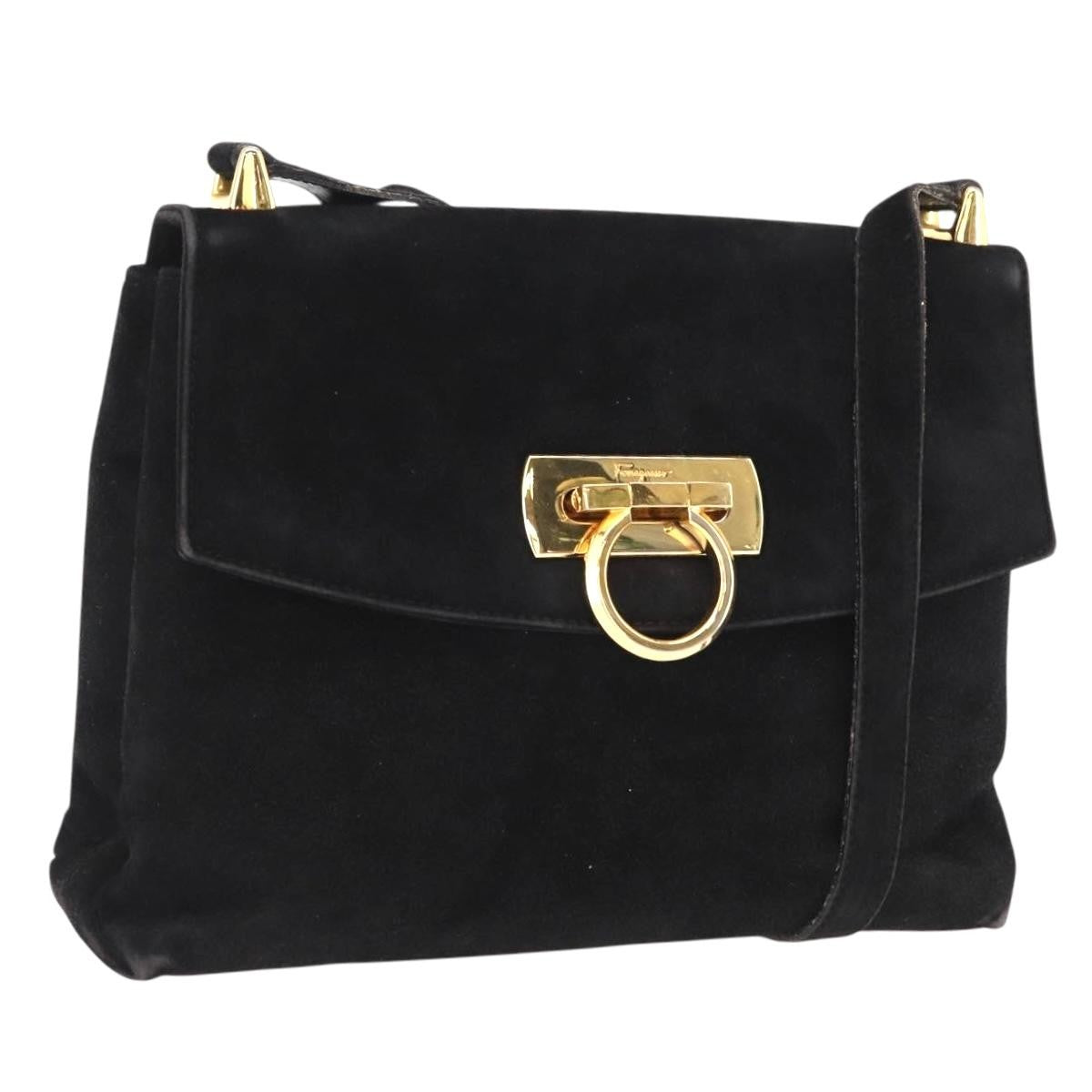 Salvatore Ferragamo Gancini Shoulder Bag Suede, BLACK, SUEDE, Shoulder bag