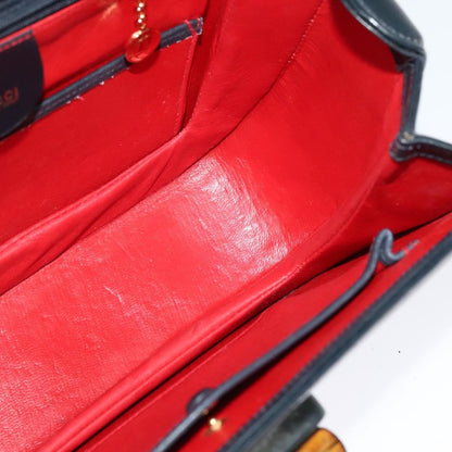 Gucci Vintage Convertible Bamboo Top Handle Bag Leather, NAVY, LEATHER, Handbag