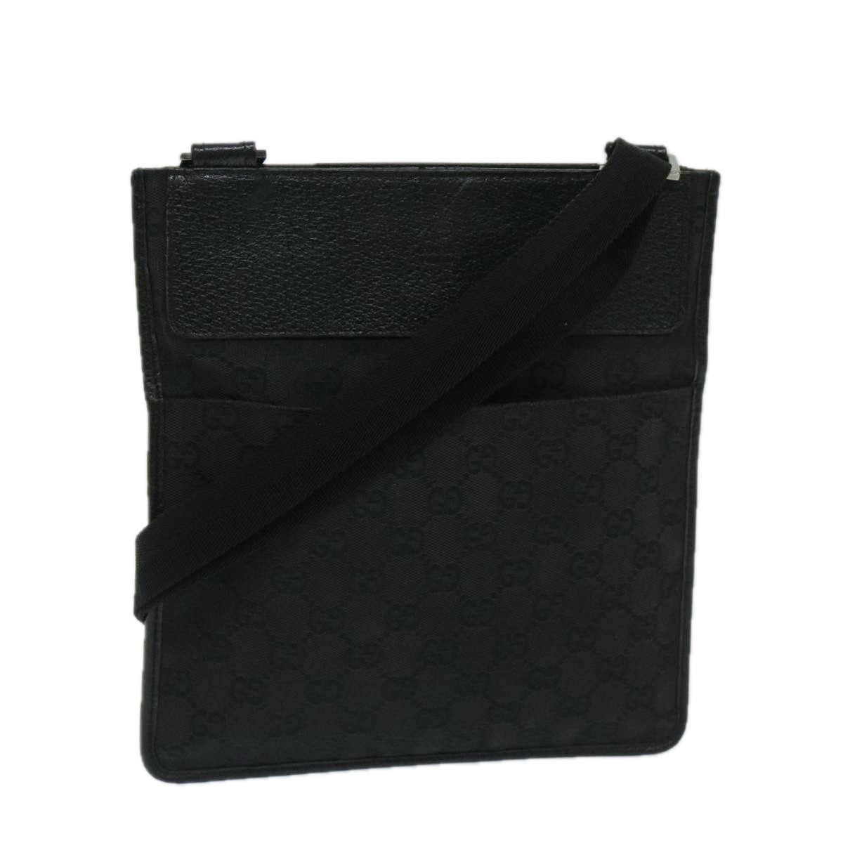 Gucci Vintage Flat Messenger Bag GG Canvas and Leather, BLACK, CANVAS, Crossbody bag